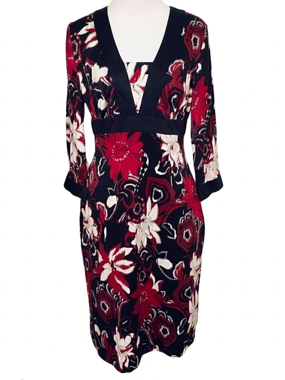 ANN TAYLOR Black Red White Multi Floral 3/4 Sleeve Knee Length Work Shift Dress